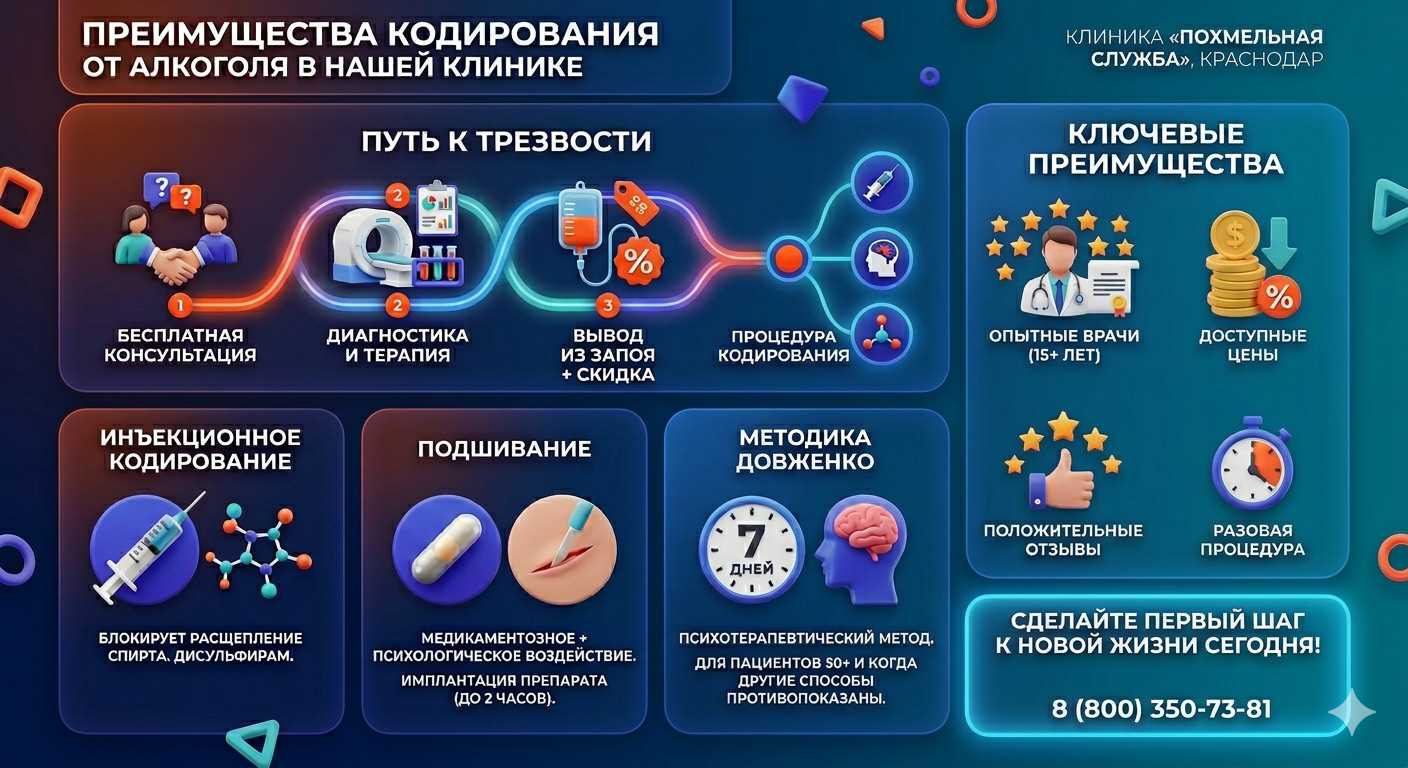 Инфографика о методах кодирования от алкоголя в Дзержинском: инъекции, подшивание, метод Довженко. Преимущества клиники и этапы лечения.